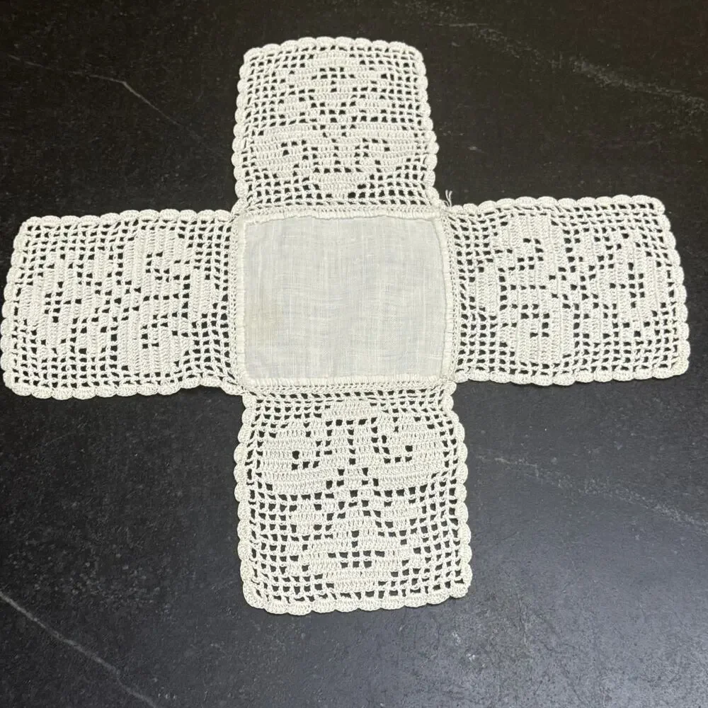 Vintage Handmade Filet Crochet Cross Shape Doily Linen Center Heart Motif